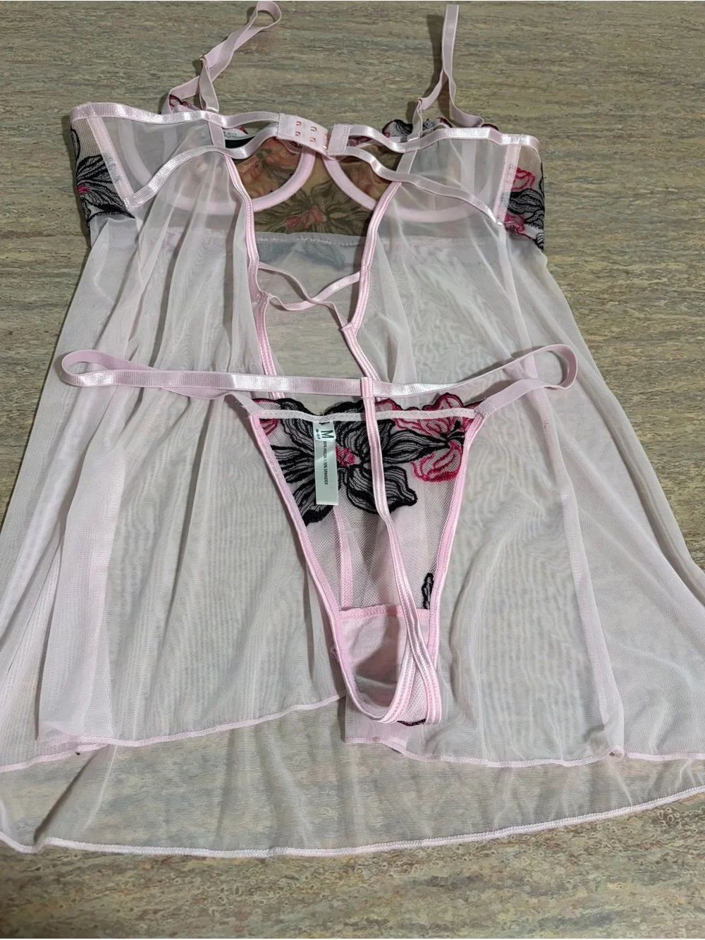 NWOT Oh La La Cheri Paris Pink Floral Embroidered Sheer Babydoll & Panty Set